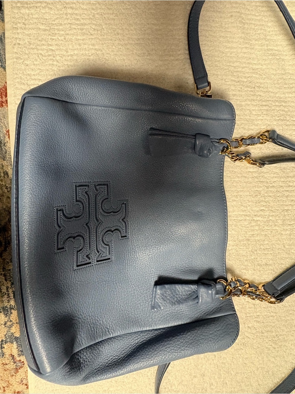 Tory Burch Navy Pebbled Leather Logo Shoulder Bag with Gold Hardware
